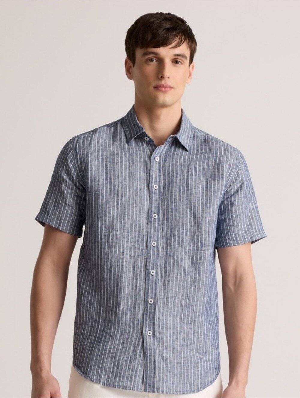 Proper Cloth Striped Linen Camp Shirt Blue Men's Large Resortwear Short Sleeve